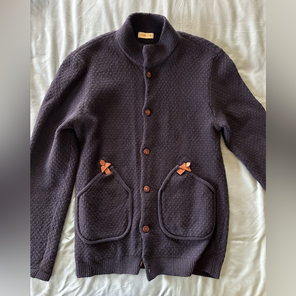 Folk, navy blue wool cardigan-  leather clasps and buttons. Barely worn. Size 5